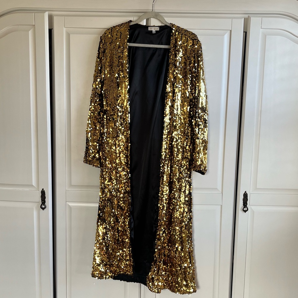 Blanka gold sequin duster women’s M lightweight satin lined long sleeve NYE